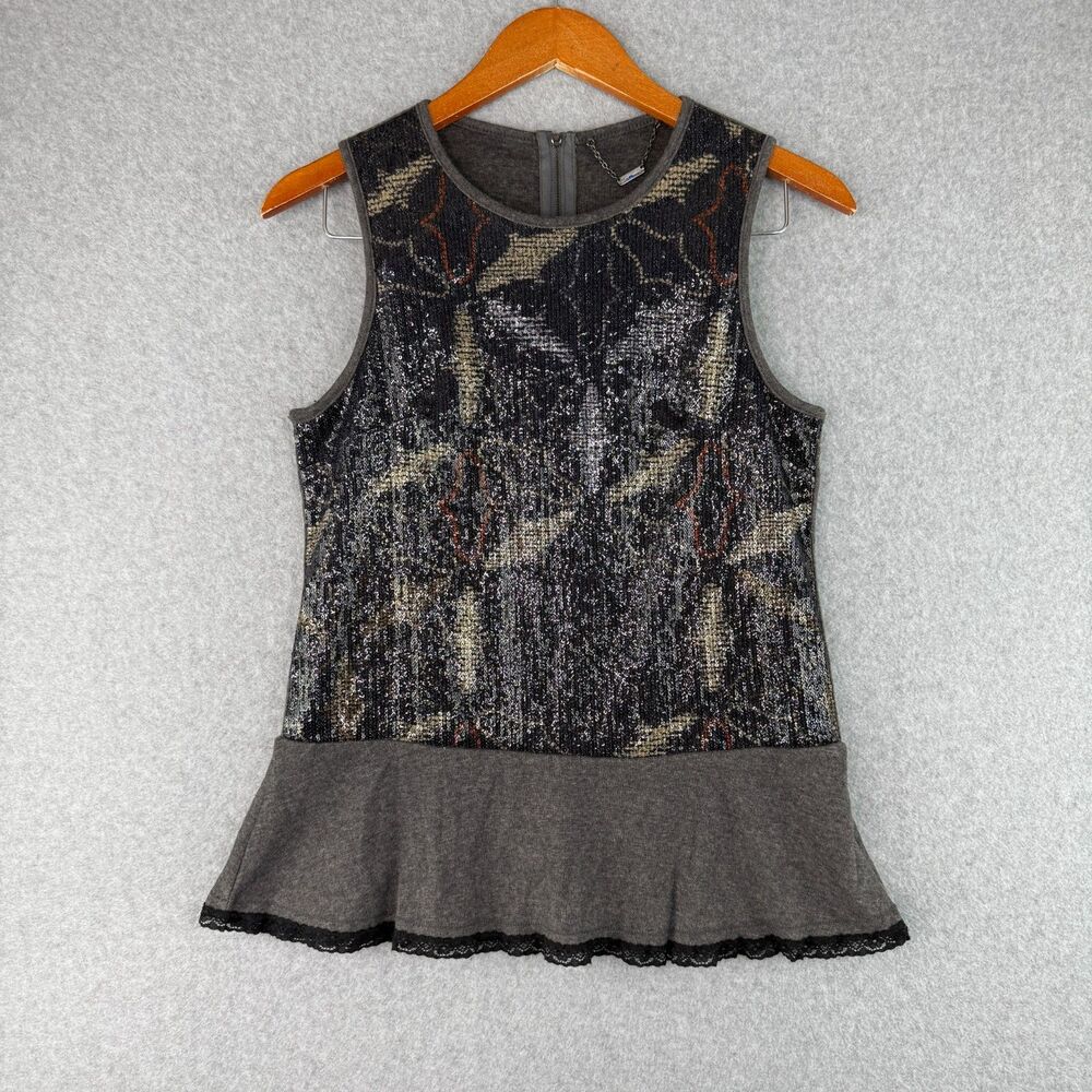 VTG Custo Barcelona Gray Sequins Peplum Blouse Size 2 Eurosummer Chic RARE 90s